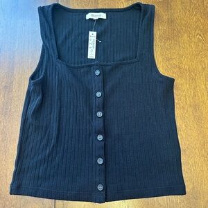 NWT Madewell Black Ribbed Button-Front Tank Top Crop Top
